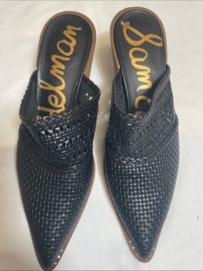 Sam Edelman Black Woven Pointed Toe Slip-On Mules chunky heel